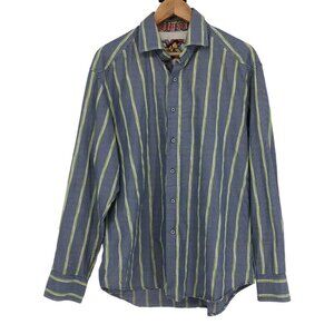 Robert Graham Men’s Blue green vertical stripe button down shirt XL (flaw*)